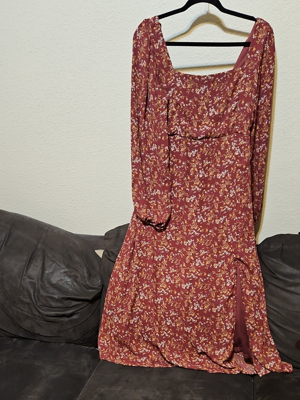 Long-Sleeve Floral Square-Neck Midi Dress in Rust
